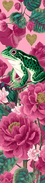 Free printable frog bookmark featuring hopping left green frog with pink flowers